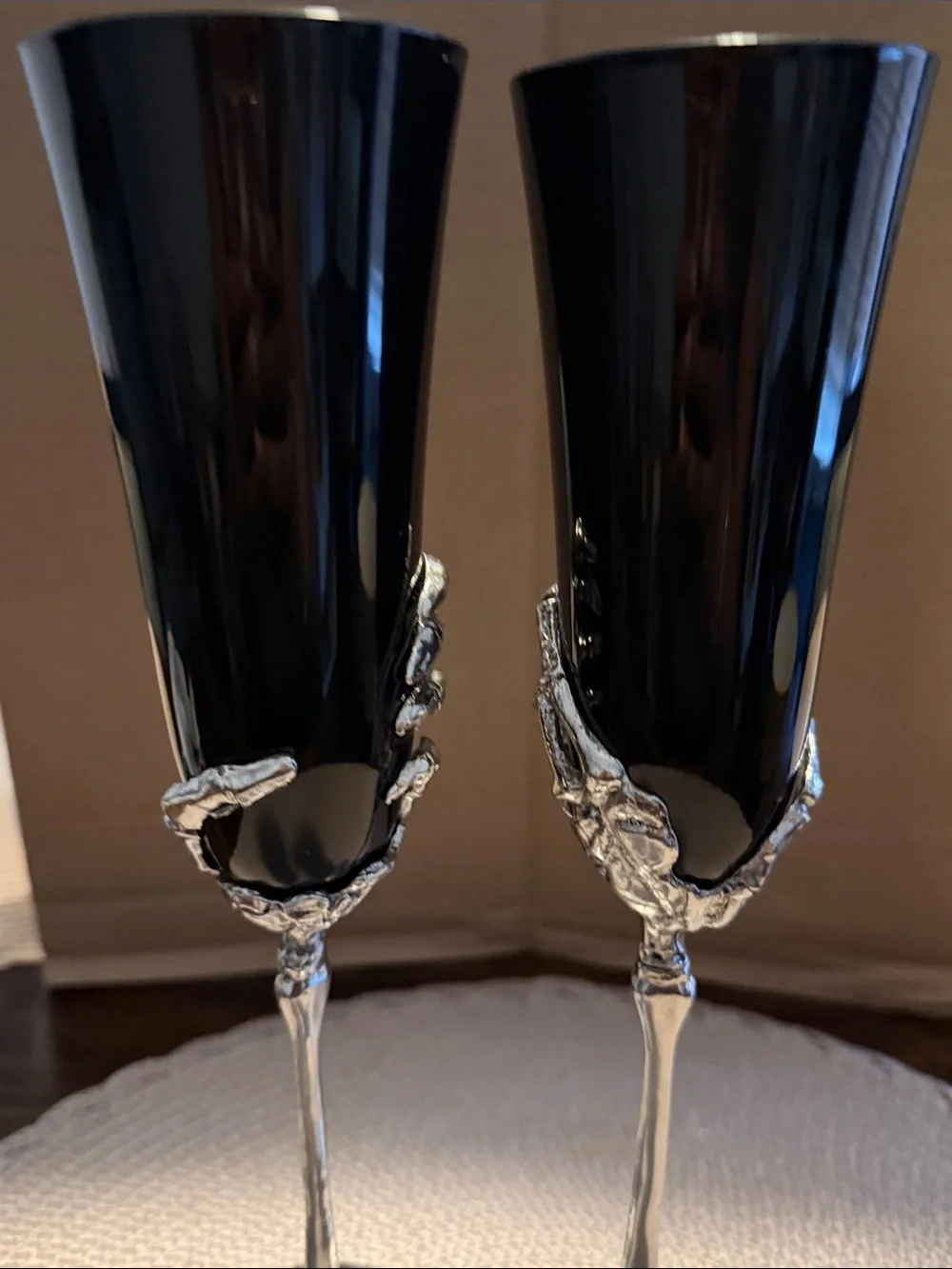Black Wine Glassware Silver Metal Skeleton Hands Halloween Gothic HTF